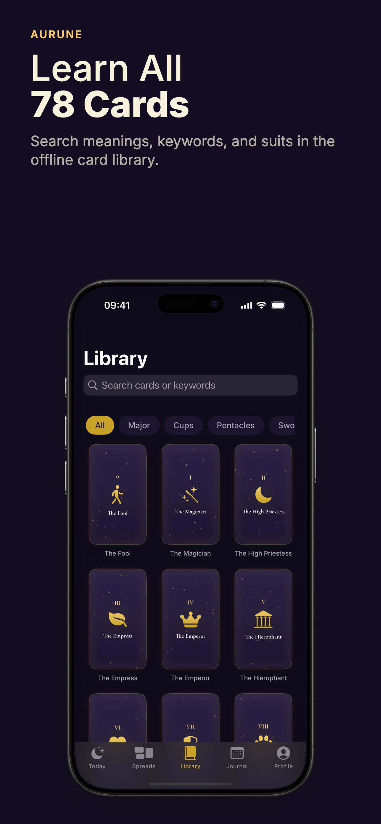 Aurune 78-card tarot library with upright and reversed card meanings
