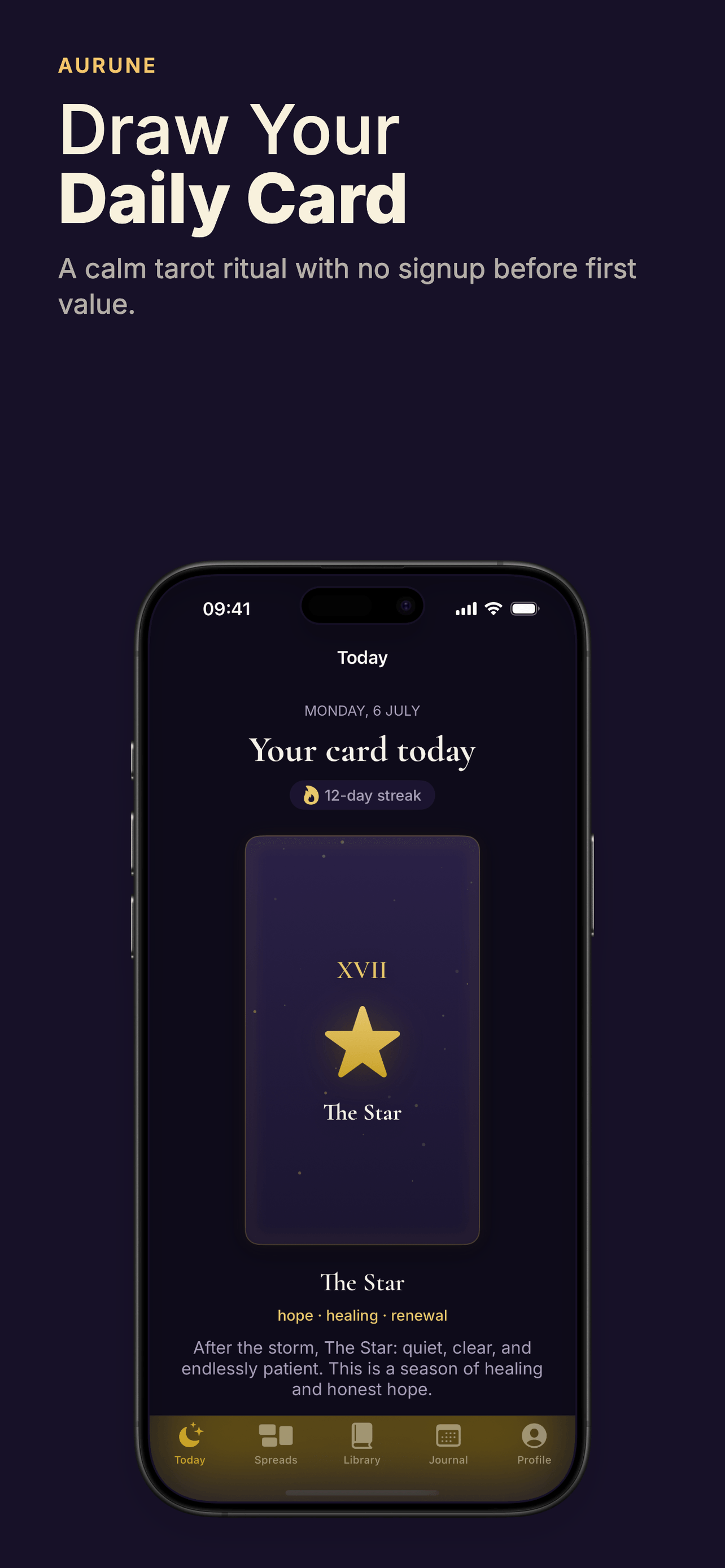 Aurune daily tarot card draw screen showing today's free tarot card and its meaning