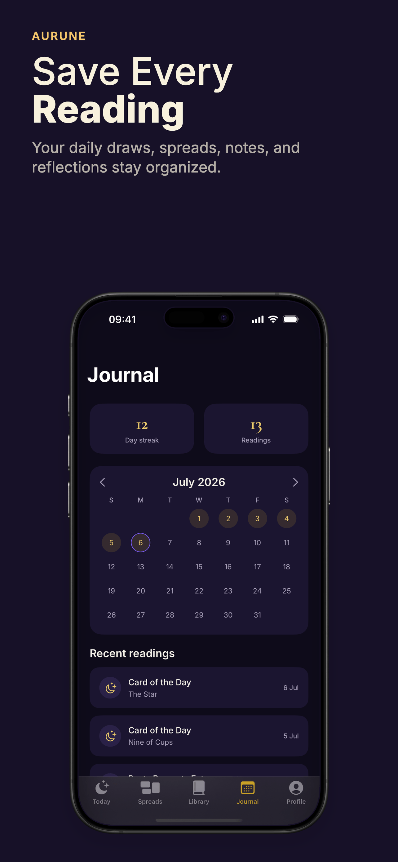 Aurune tarot journal with streak calendar and reflection notes